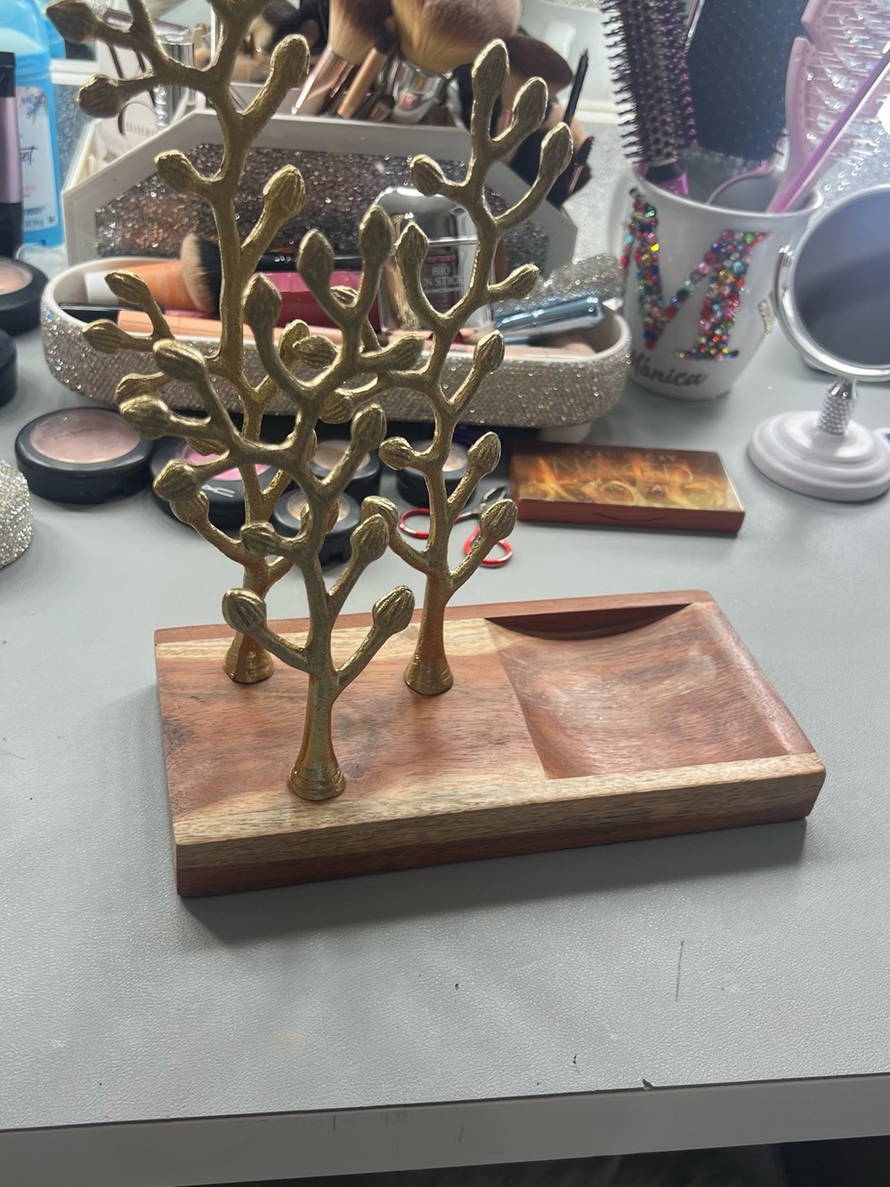 Gold Tree Jewelry Stand with Wooden Catchall Tray